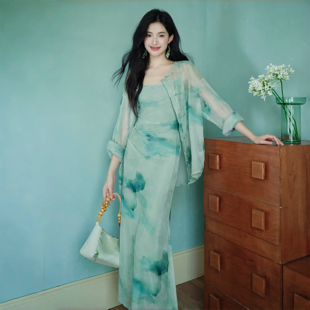 国风新中式水墨印花网纱吊带连衣裙修身长裙盘扣防晒空调开衫8994