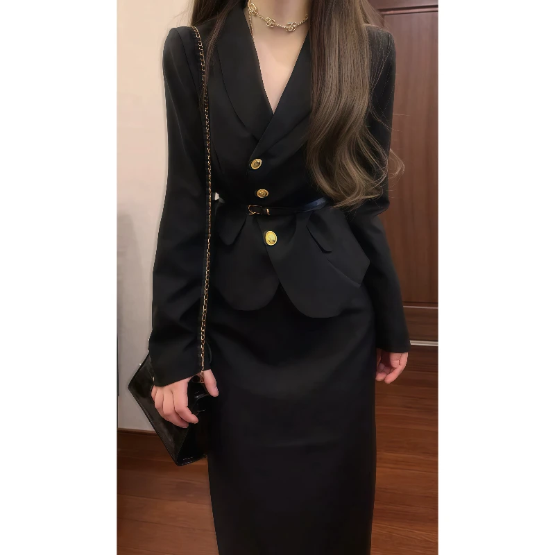 【黑金年代】港风复古黑色小西装外套&半身裙职业套装裙小洋装89170
