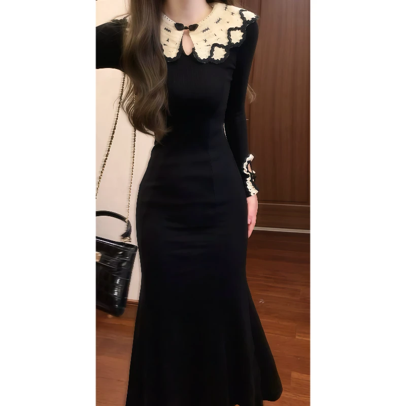 法式宫廷复古小众娃娃领针织连衣裙显瘦小黑裙修身鱼尾长裙89152