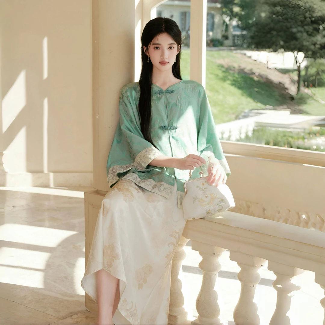 【青花鸾】新中式国风提花薄款衬衫上衣外套+半身裙两件套装裙7041