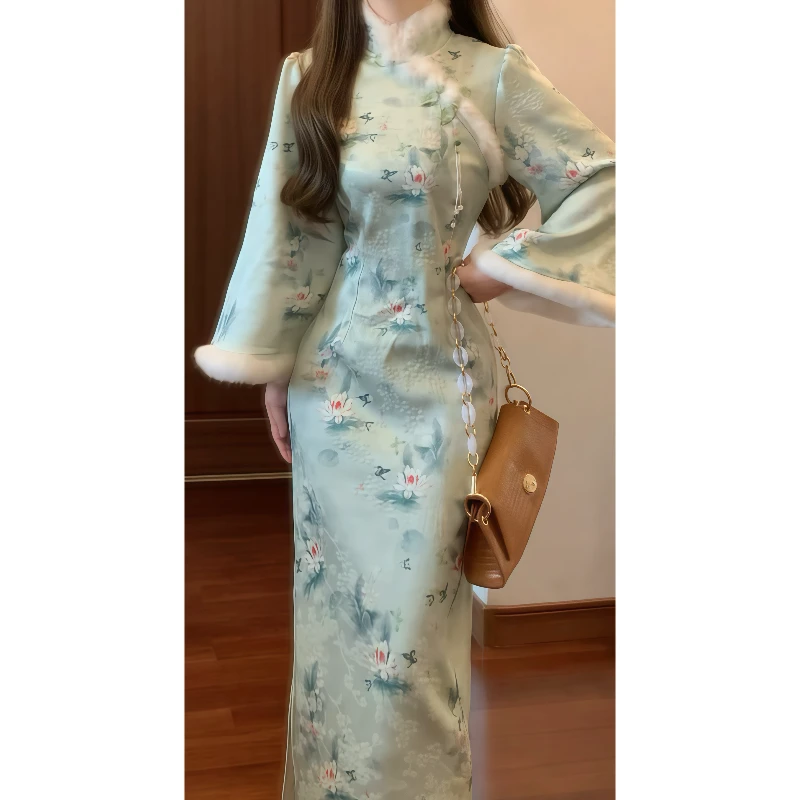 新中式国风设计感加绒毛毛拼接改良旗袍连衣裙修身气质长裙89139