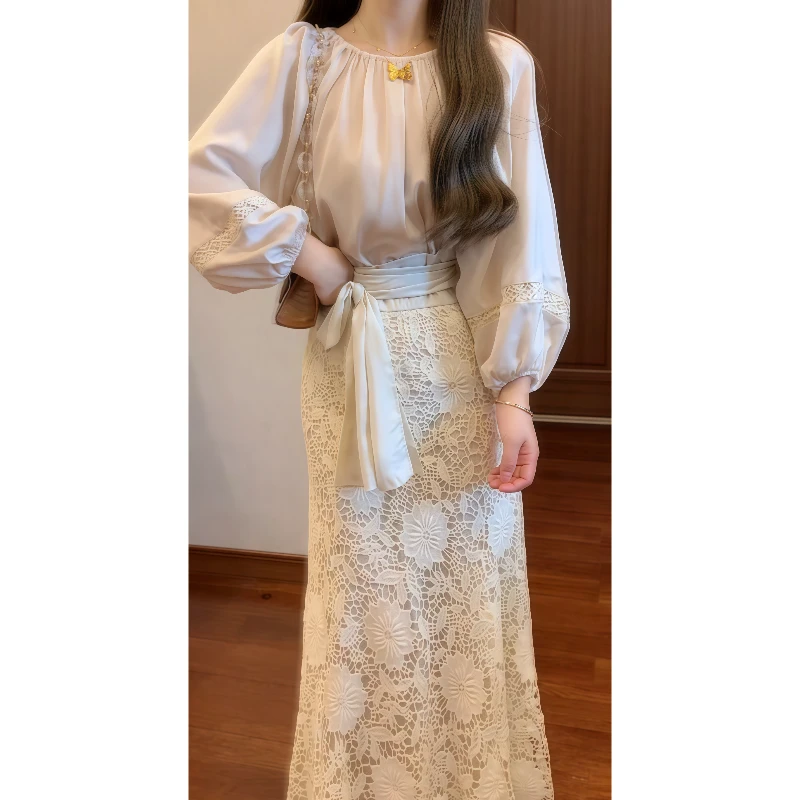 【知性美】新中式国风圆领上衣&重工水溶蕾丝高腰修身鱼尾半裙9698