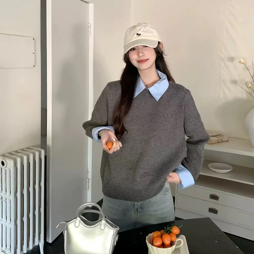 假两件衬衫领毛衣女秋装新款内搭慵懒风撞色翻领灰色针织衫上衣