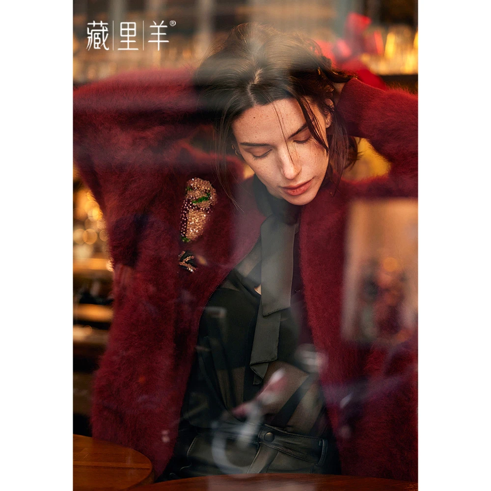 藏里羊【北美小动物毛毛】“微醺玫瑰”新款重工钉珠双拉链外套M1297