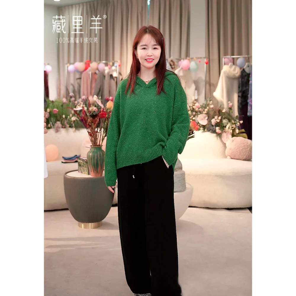 藏里羊【油画系列】“星河织梦”意大利花式纱连帽羊绒套头上衣M1209