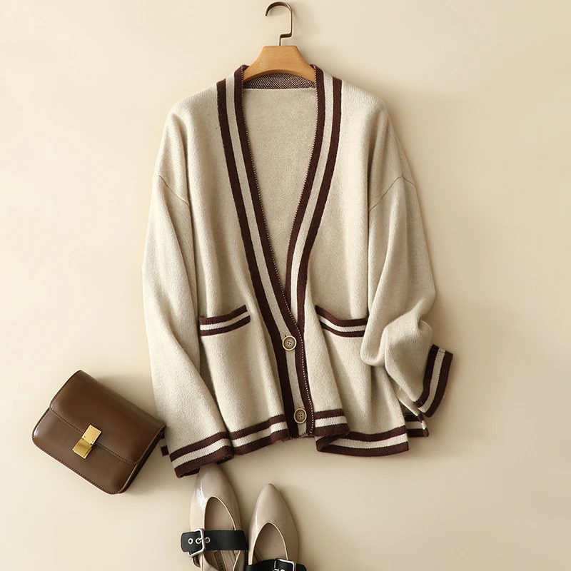 藏里羊【吥退吥换】秋冬羊绒V领开衫慵懒风休闲撞色针织外套BC01208