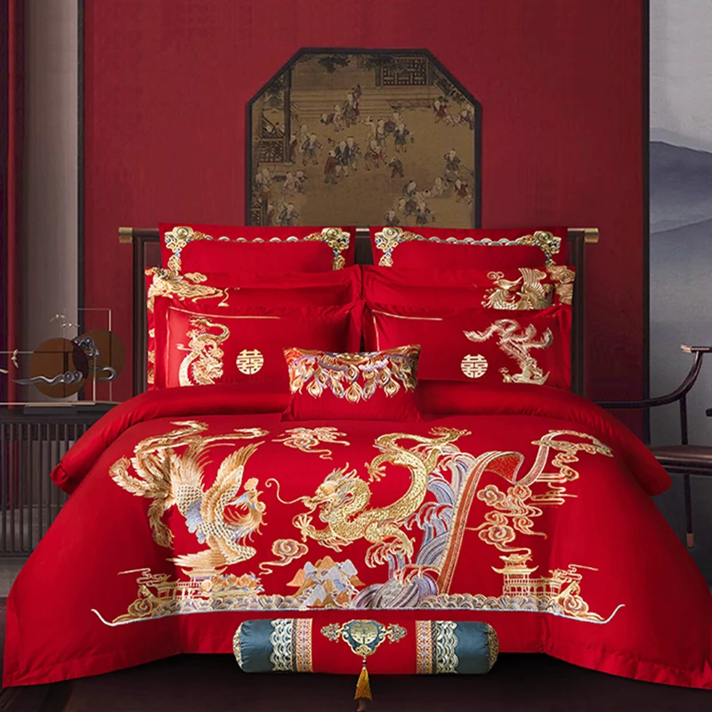 （乘龙配凤)全棉120支新疆长绒棉婚庆刺绣床单四件套婚庆多件套