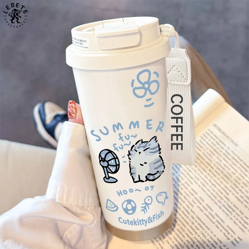 原创傲娇猫316不锈钢保温杯女高颜值吸管水杯咖啡杯大容量随手杯