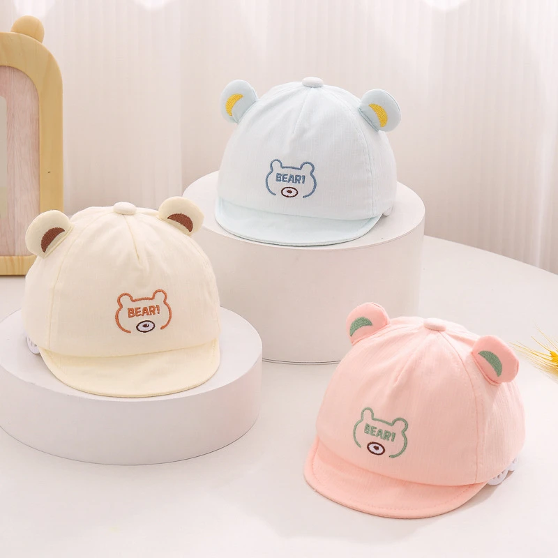 婴儿帽子小月龄宝宝胎帽遮阳防晒帽可爱小熊刺绣字母软沿鸭舌帽春