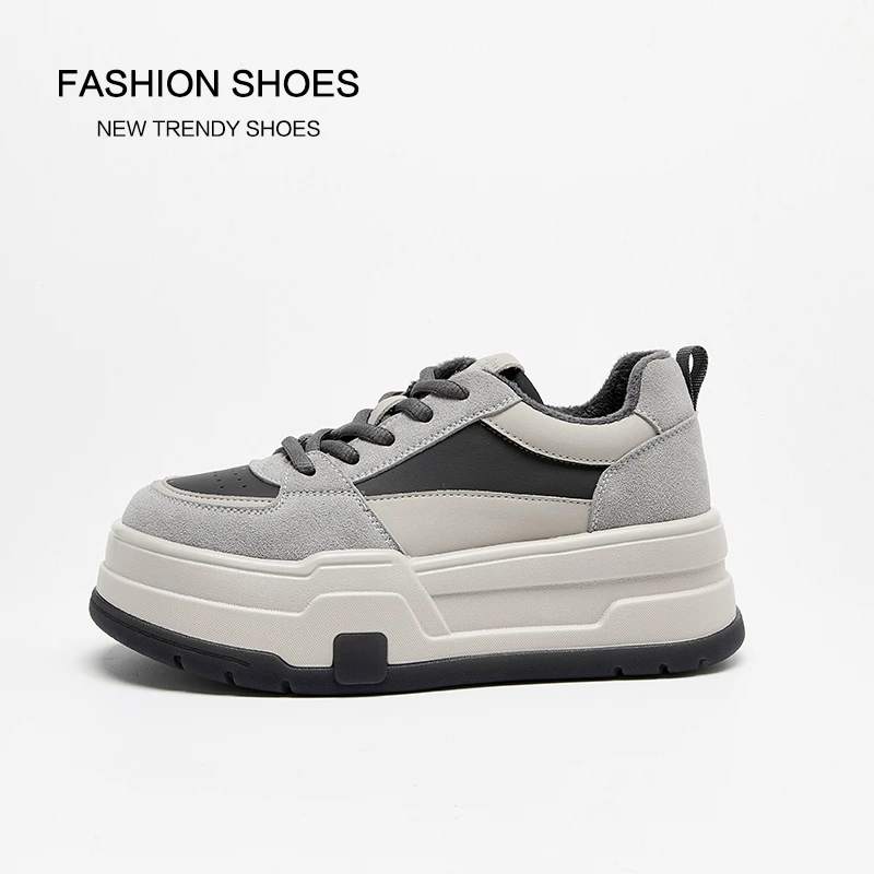 韩版ins加绒厚底运动鞋冬季圆头系带百搭增高时尚休闲鞋复古板鞋