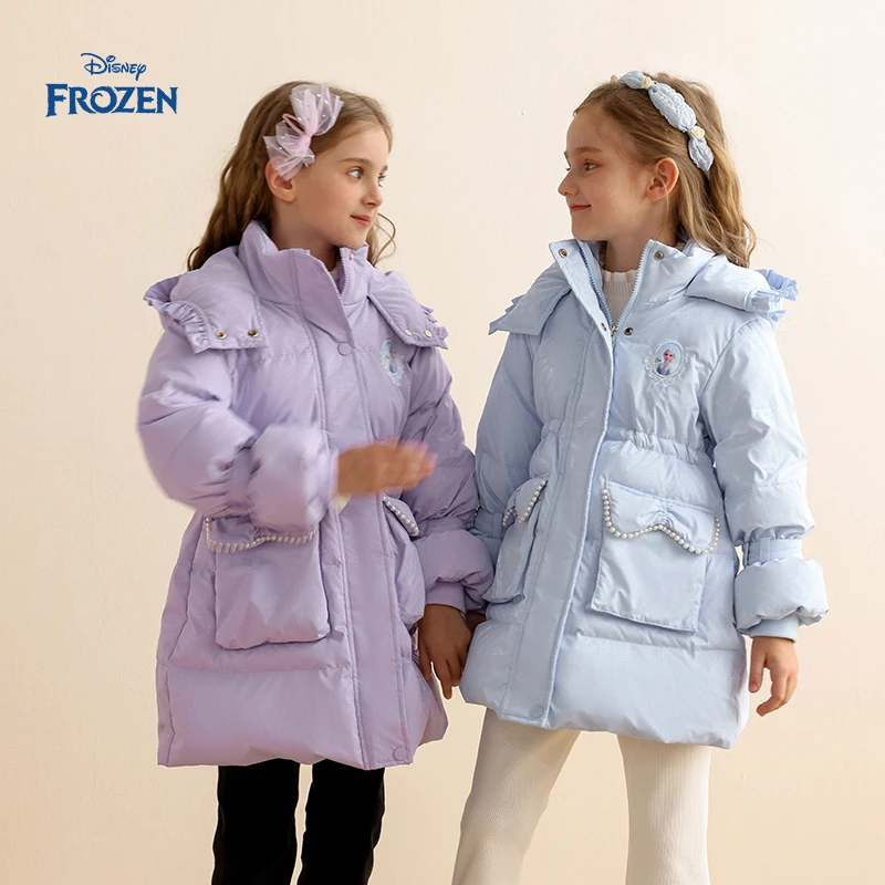 Disney/迪士尼冰雪奇缘女童新款连帽羽绒服童装冬季中长款白鸭绒