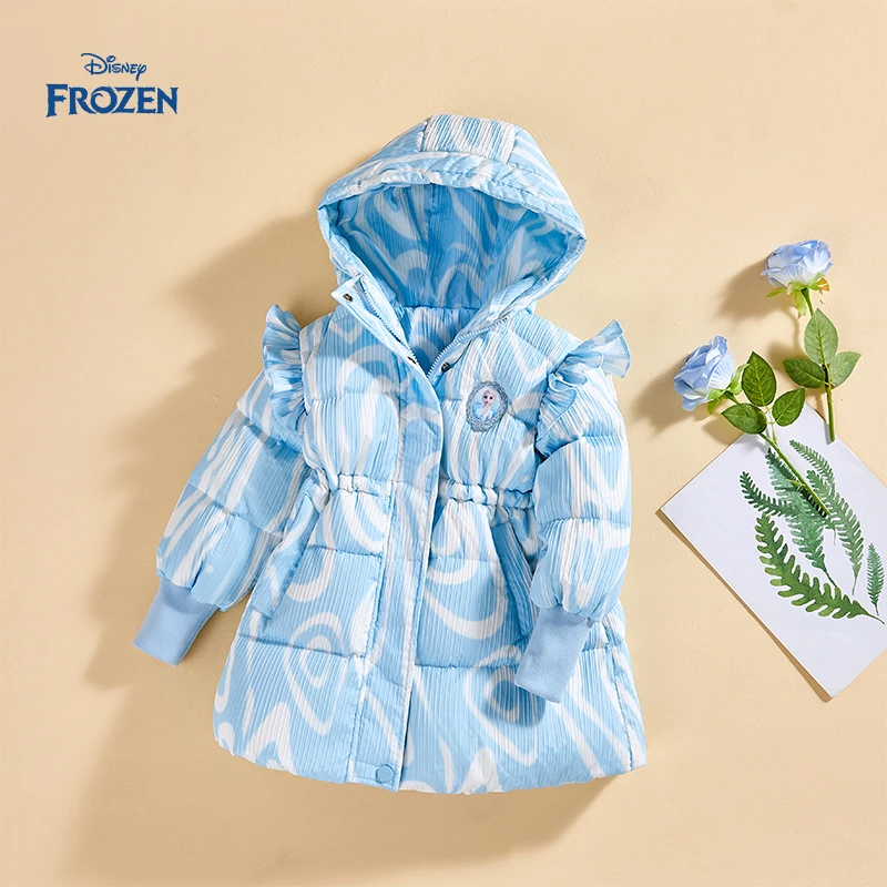Disney/迪士尼冰雪奇缘女童新装中长款加厚连帽印花白鸭绒羽绒服