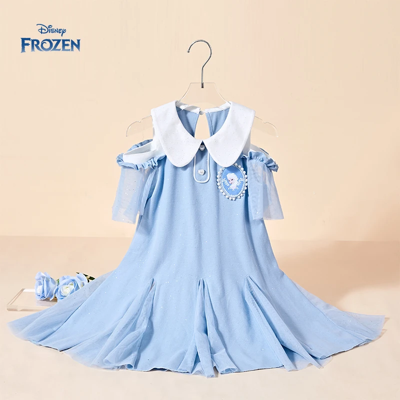Disney/迪士尼夏季新款女童艾莎连衣裙2025年夏装翻领连衣裙蓝色