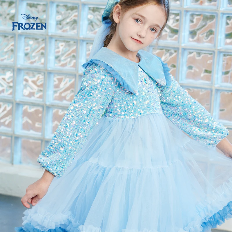Disney/迪士尼【11】冰雪奇缘艾莎女童秋季长袖公主洋气连衣纱裙