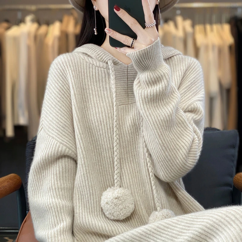 秋冬新款上衣加厚100%纯羊毛式连帽针织毛衣百搭宽松长裙羊毛衫