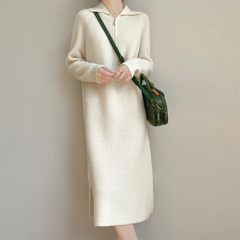 秋冬重磅100%羊毛宽松长裙羊毛衫中长款显瘦针织衫翻领毛衣外套