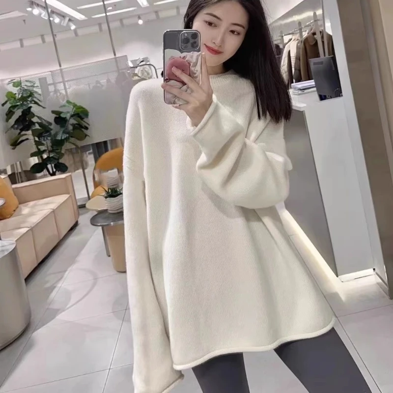 秋冬女士羊毛衫慵懒风圆领网红针织加厚长款百搭慵懒风针织衫
