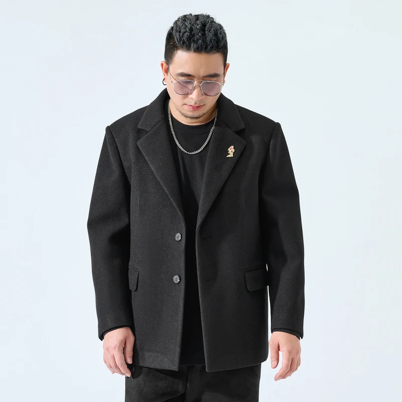 半墨大码男装秋季新款男士毛呢西装外套胖哥宽松商务西服上装0077