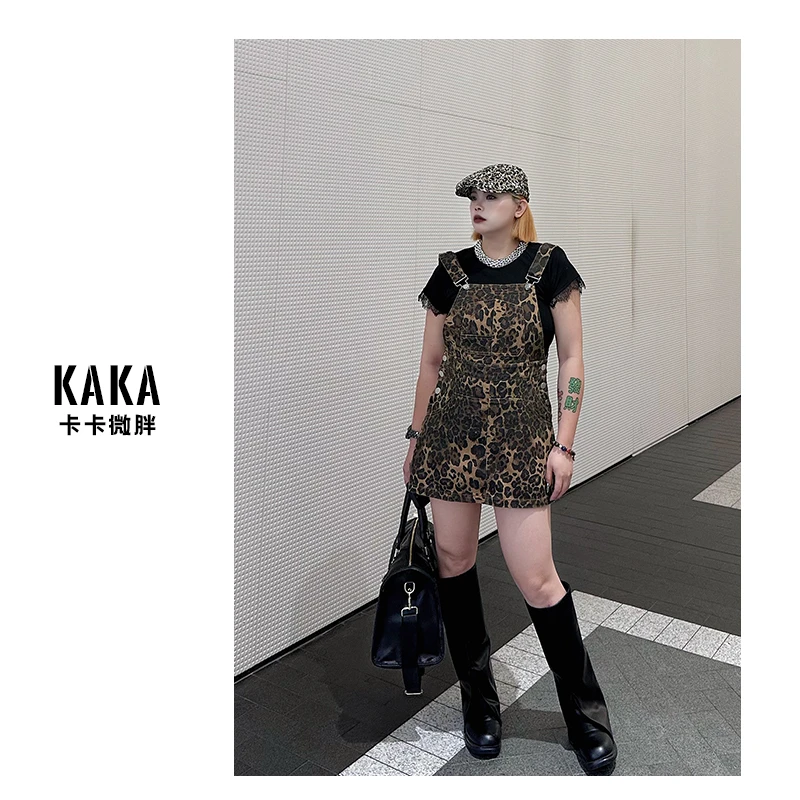 【KAKA】豹纹背带带短裙裤新款时尚小众设计感宽松显瘦背带裤