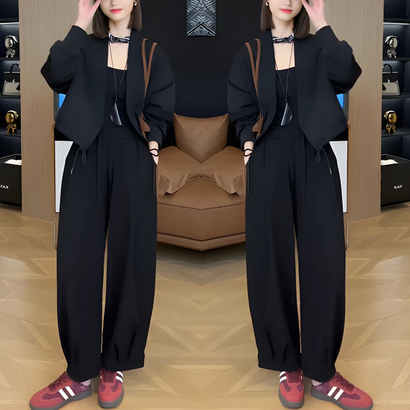 欧洲站时尚气质2024秋季新款韩版修身显瘦长袖外套+灯笼裤两件套