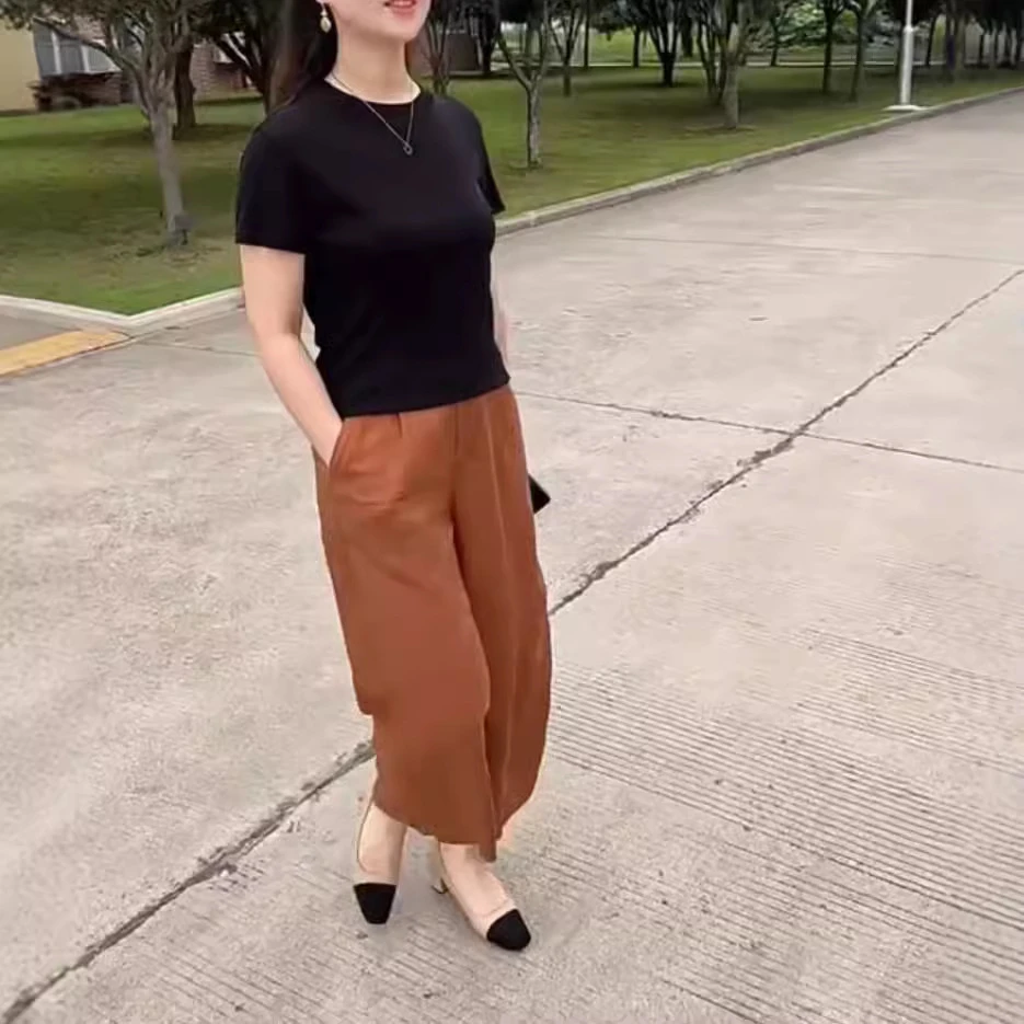 夏季新款韩版短袖圆领T恤女上衣+桔色九分裤宽松高腰休闲裤套装女