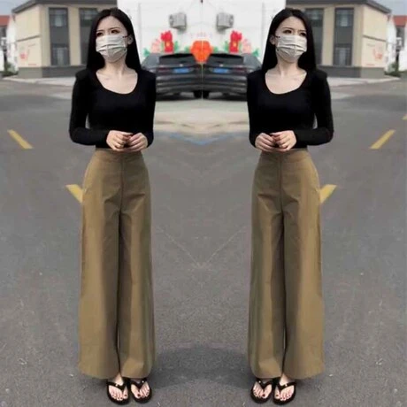2024早秋网红新款时尚两件套女纯欲风大U领百搭显瘦打底衫+阔腿裤