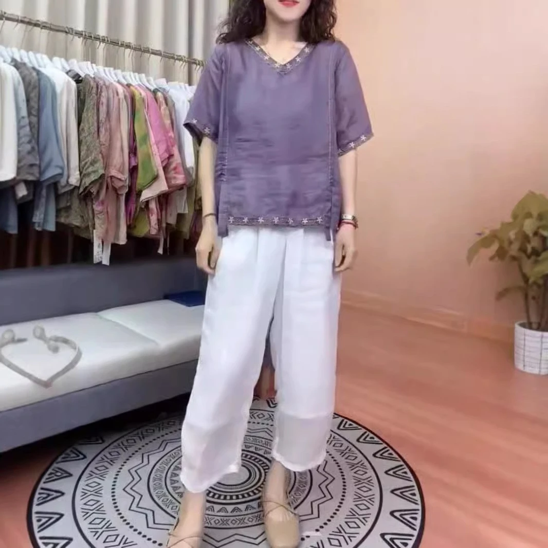 网红同款时尚气质套装2025夏季新款短袖简约宽松刺绣上衣+阔腿裤