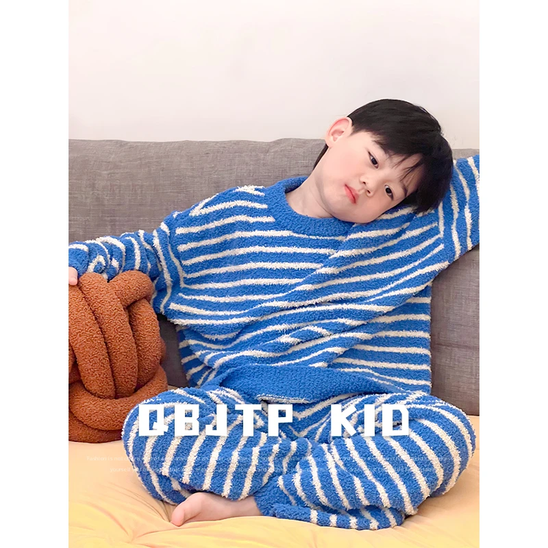 Q宝家童品11月新款 儿童家居服冬季男女童时尚条纹睡衣两件套装潮