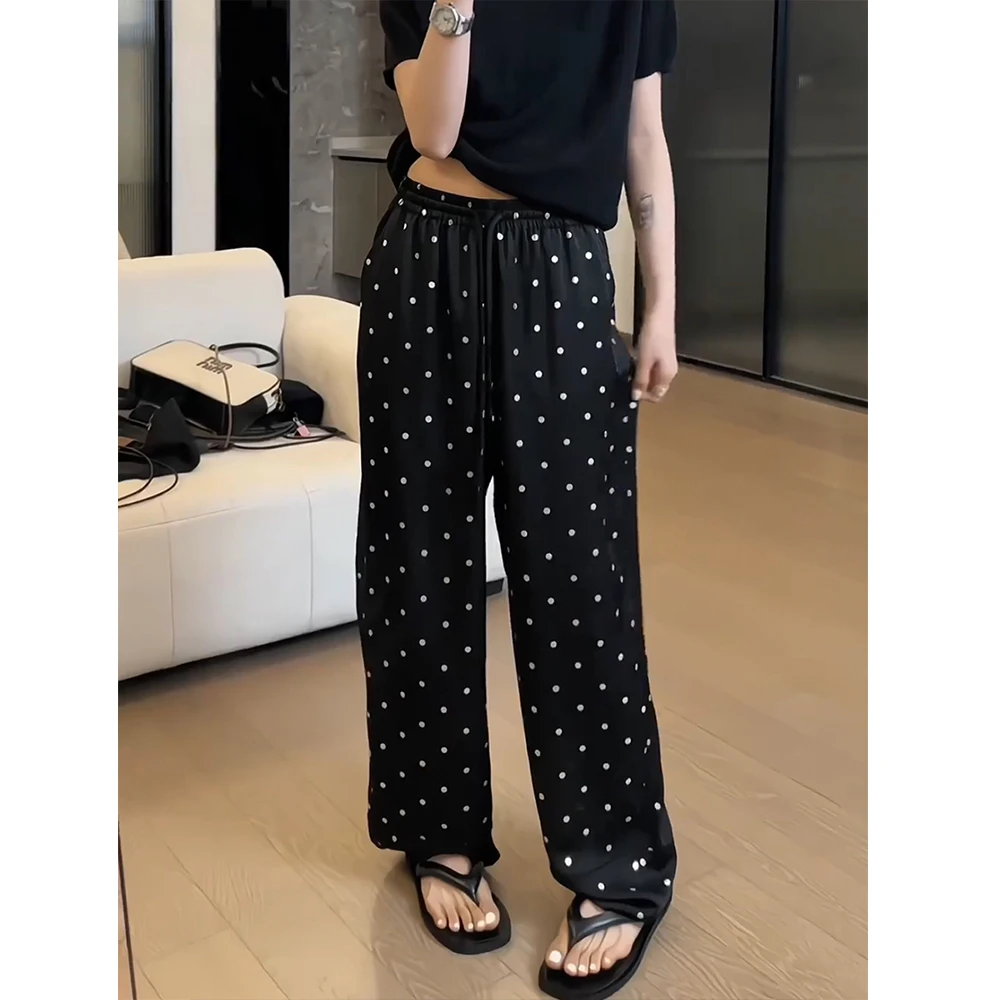 现货早秋波点弯刀裤窄版阔腿裤女薄款大码微胖垂感休闲直筒拖地裤