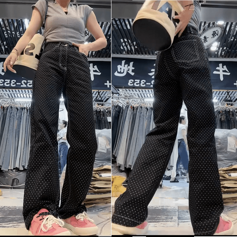 波点窄版直筒裤牛仔裤女款爆款2024新款高腰大码微胖显瘦阔腿长裤