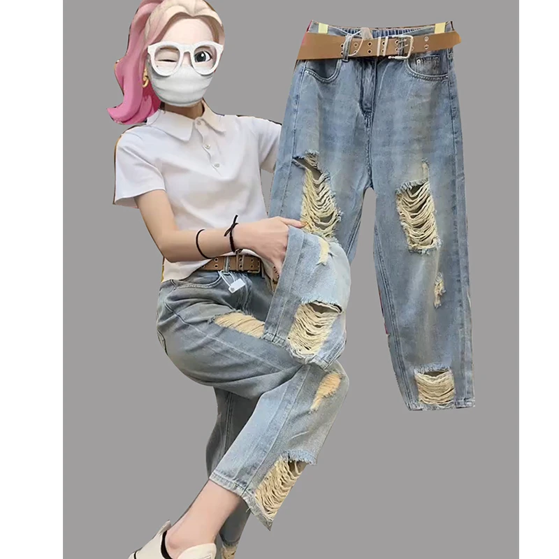 九分洋气破洞牛仔裤女款爆款2024新款大码宽松哈伦老爹裤乞丐裤夏