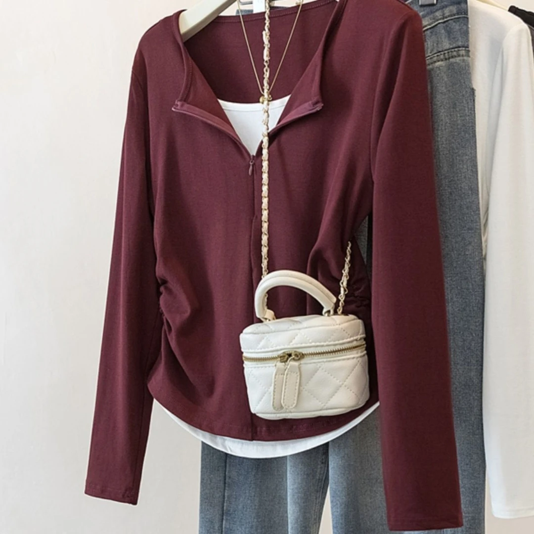 初秋女装长袖正肩t恤2024新款女假两件修身红色上衣设计感小众女