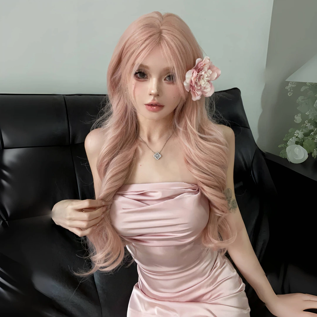 小璇同款·《海天霞色》肉桂粉色小额蕾丝中分高层次卷发假发头套女