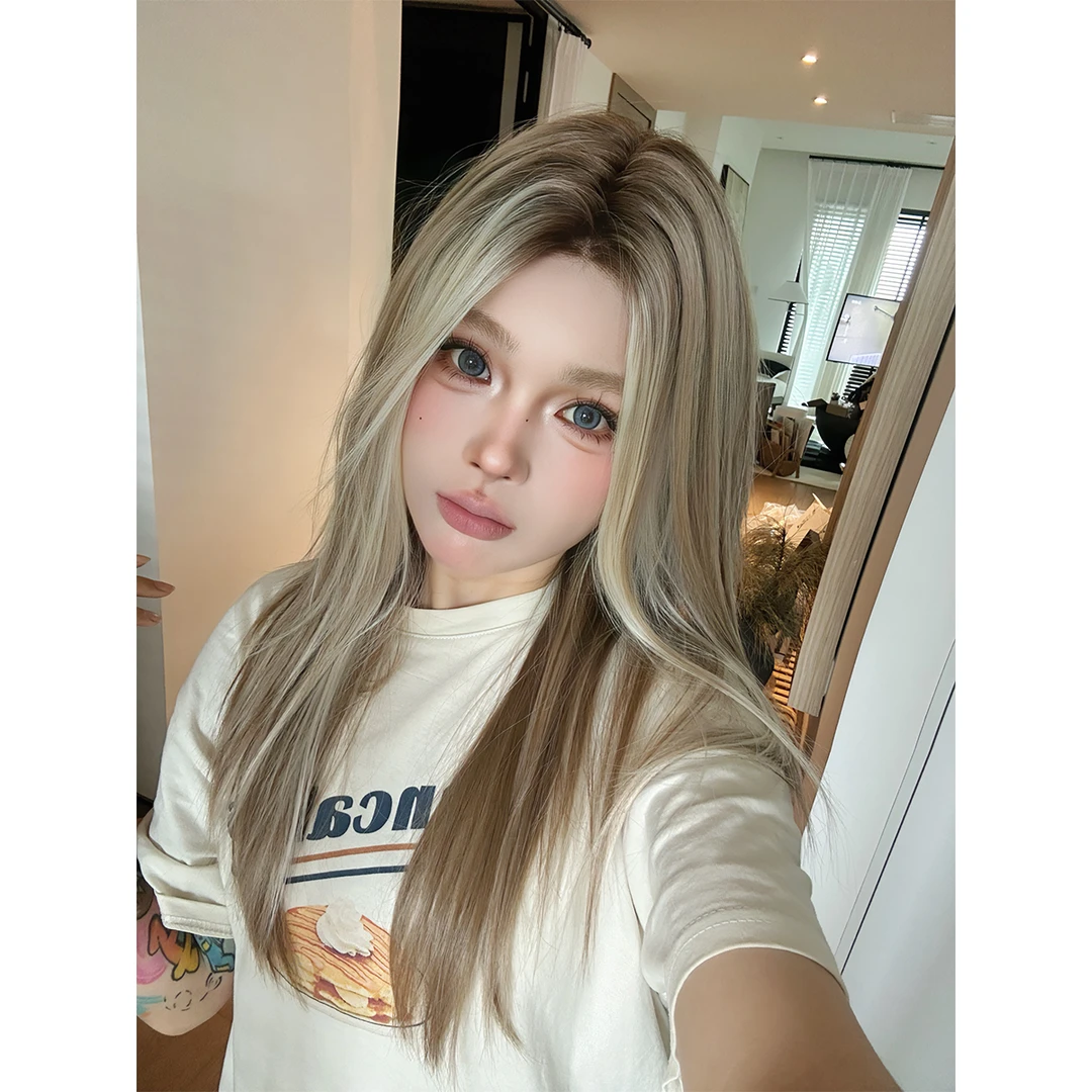 时尚棕色挑染T型蕾丝中分进口丝假发头套女