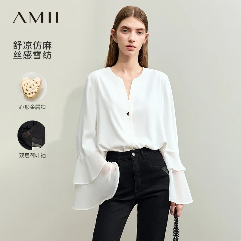 [Amii]纯色宽松V领双层荷叶袖正肩长袖雪纺衫女12451037