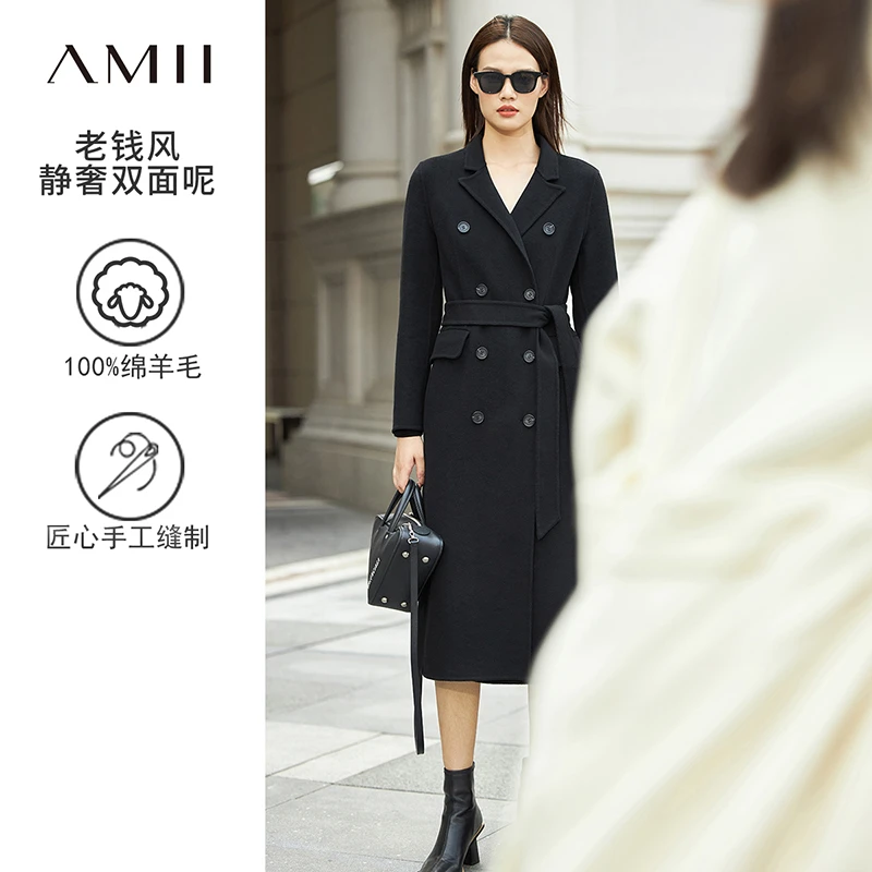 Amii毛呢外套西装领长款羊毛双面呢大衣女中长款冬季白色12170576
