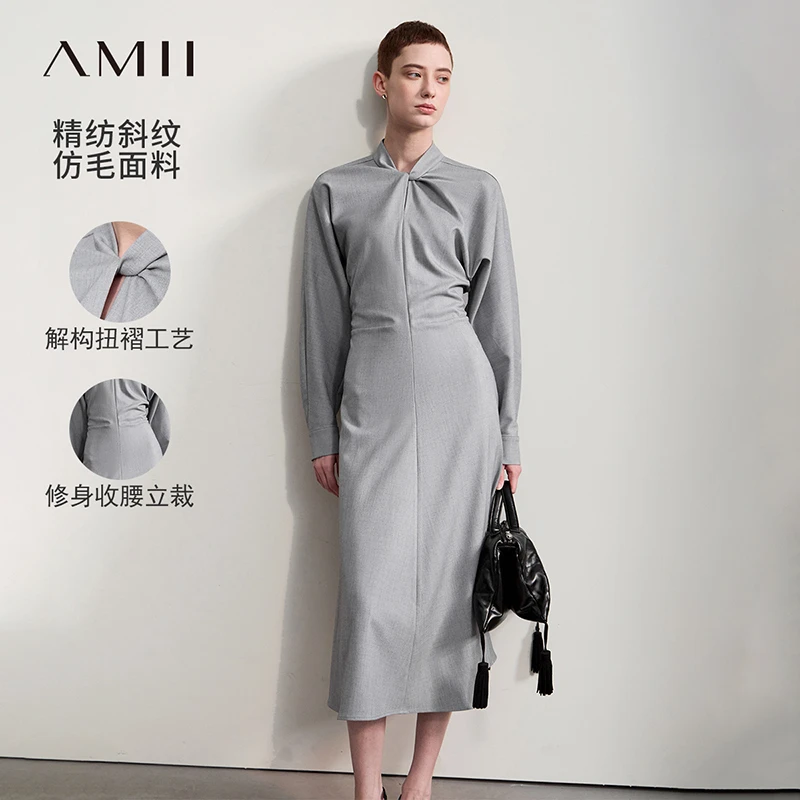 [Amii]通勤风立领扭褶立裁收腰连袖连衣裙女12453014