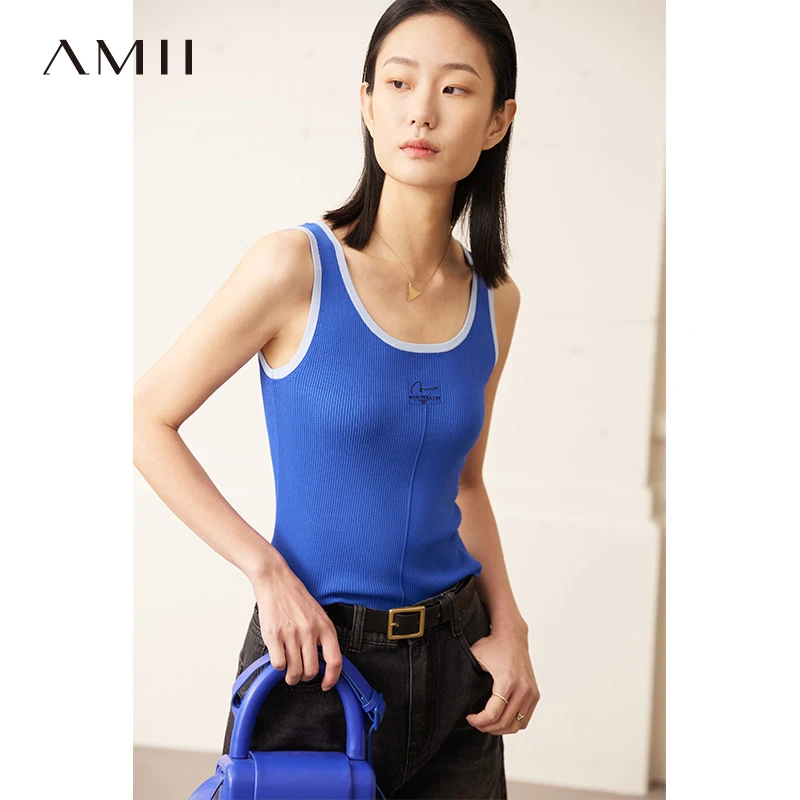 Amii修身圆领撞色双曲纱绣花舒凉针织吊带背心女无袖运动12322086