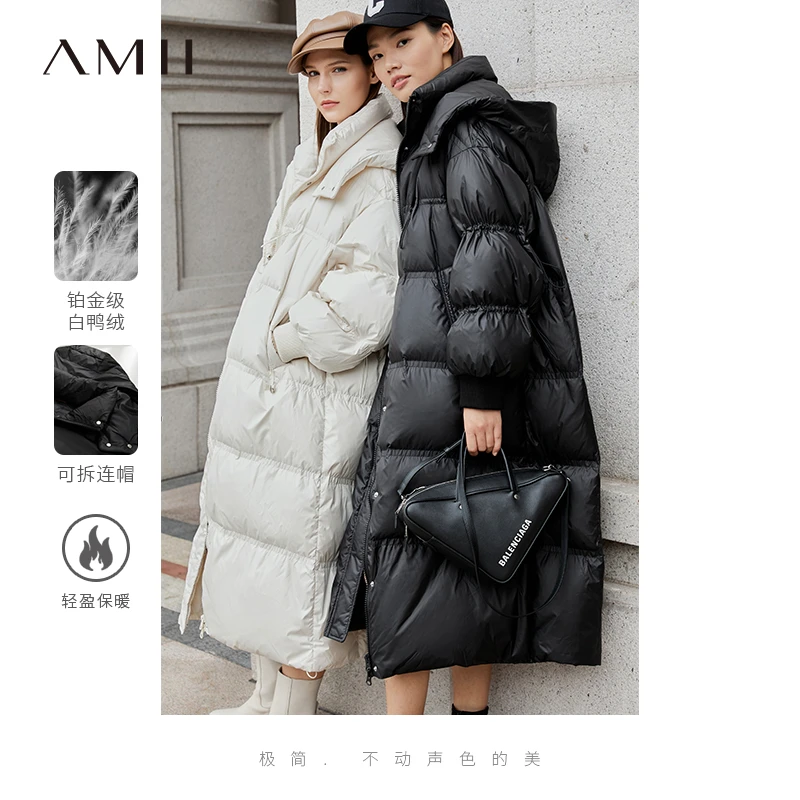 Amii新款保暖通勤加厚鸭绒羽绒服外套长款可拆帽大衣12344159