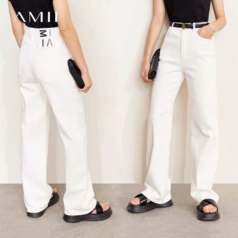 Amii直筒显瘦修身牛仔裤宽松时尚直筒裤秋季百搭浅色12240054