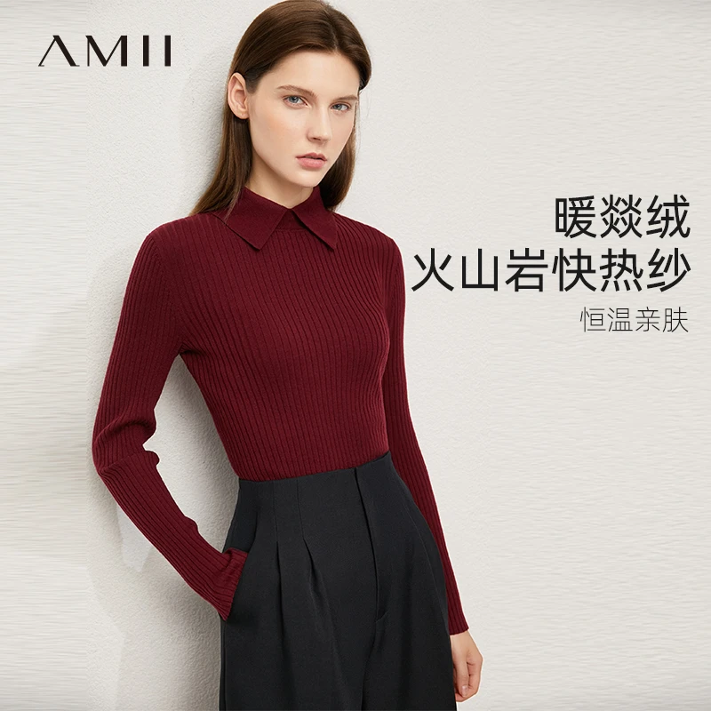 Amii修身显瘦纯色翻领火山岩保暖羊毛混纺女12130297长袖
