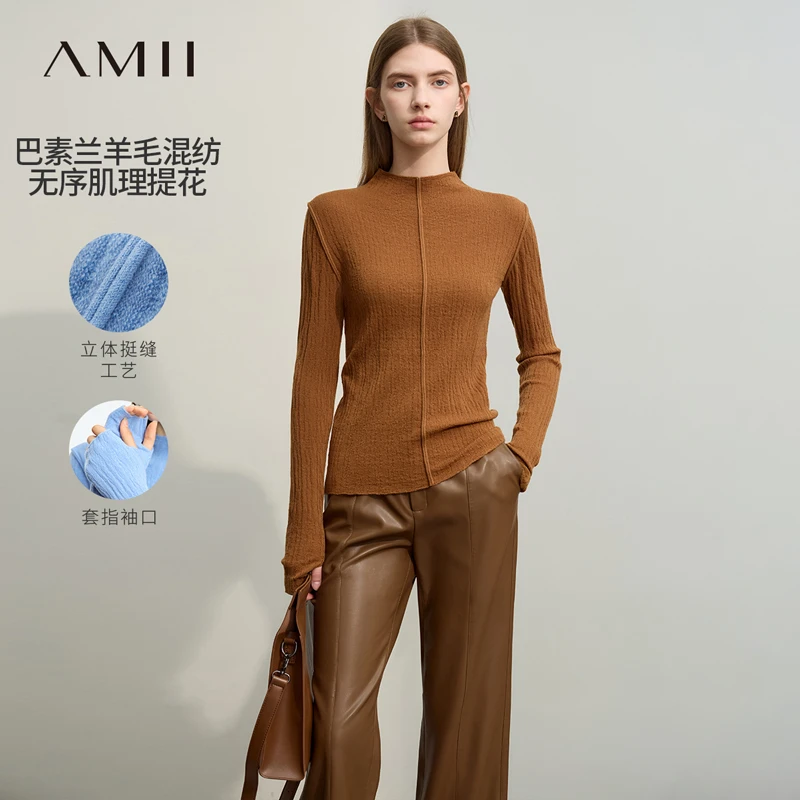 Amii半高领羊毛混纺纯色套手指肌理感毛衣12353049