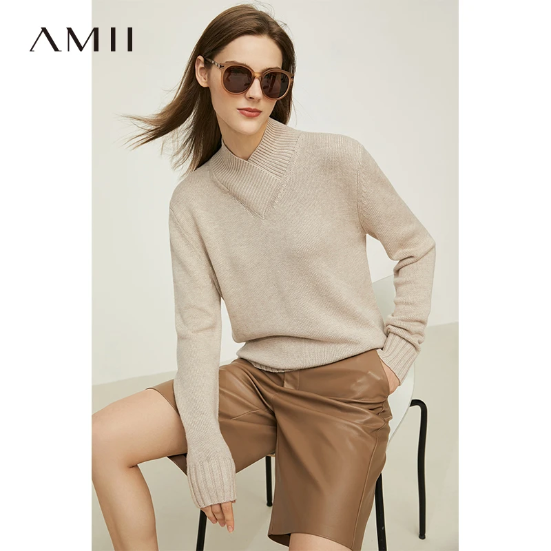Amii毛衣宽松个性时尚气质立领毛衣高领针织打底秋冬套头12120328