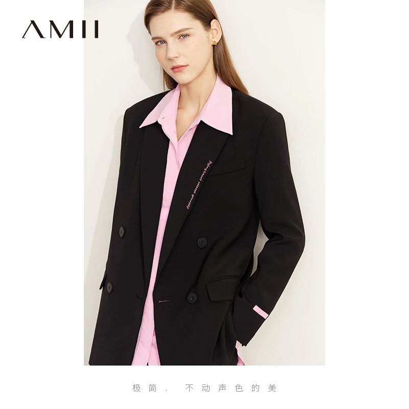 Amii撞色字母绣西装职业套装气质休闲黑色商务时尚通勤12270375
