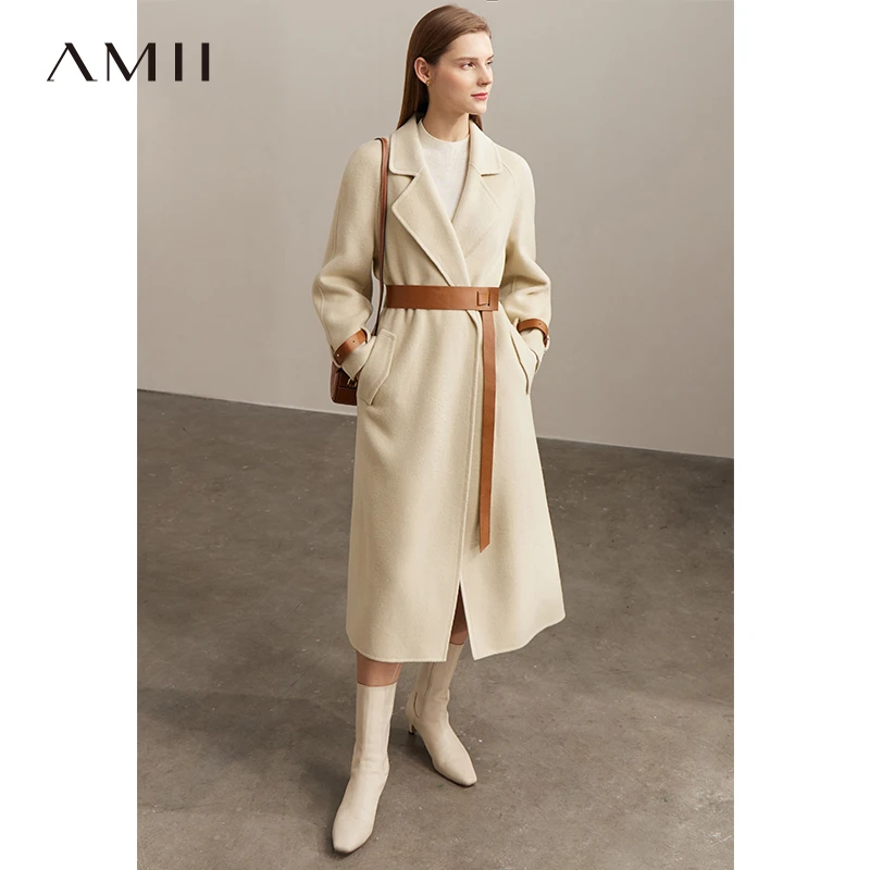 Amii轻奢呢大衣通勤配皮带袖带双面呢外套大衣女长款气质12230403