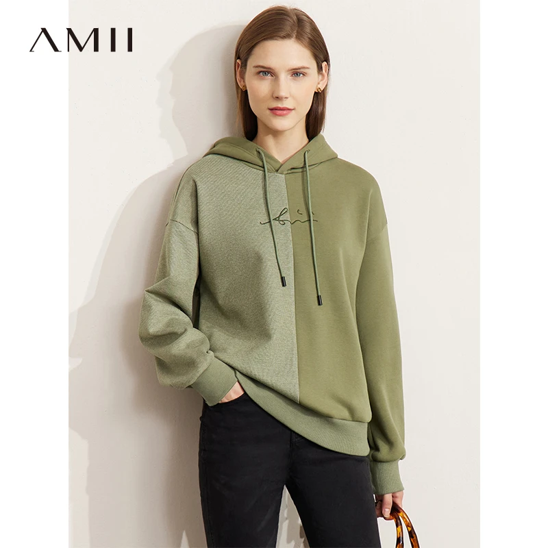 Amii抽绳连帽撞料拼接字母绣花卫衣女宽松套头休闲秋冬12241266