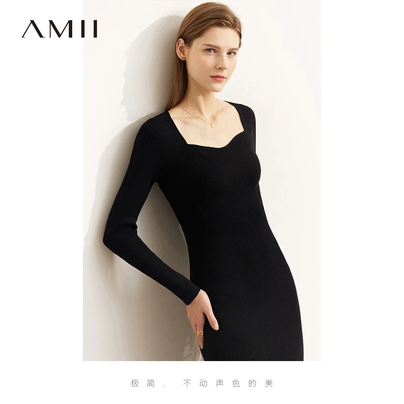 Amii修身方领长袖裹身裙针织打底秋冬黑色气质时尚舒适72270087