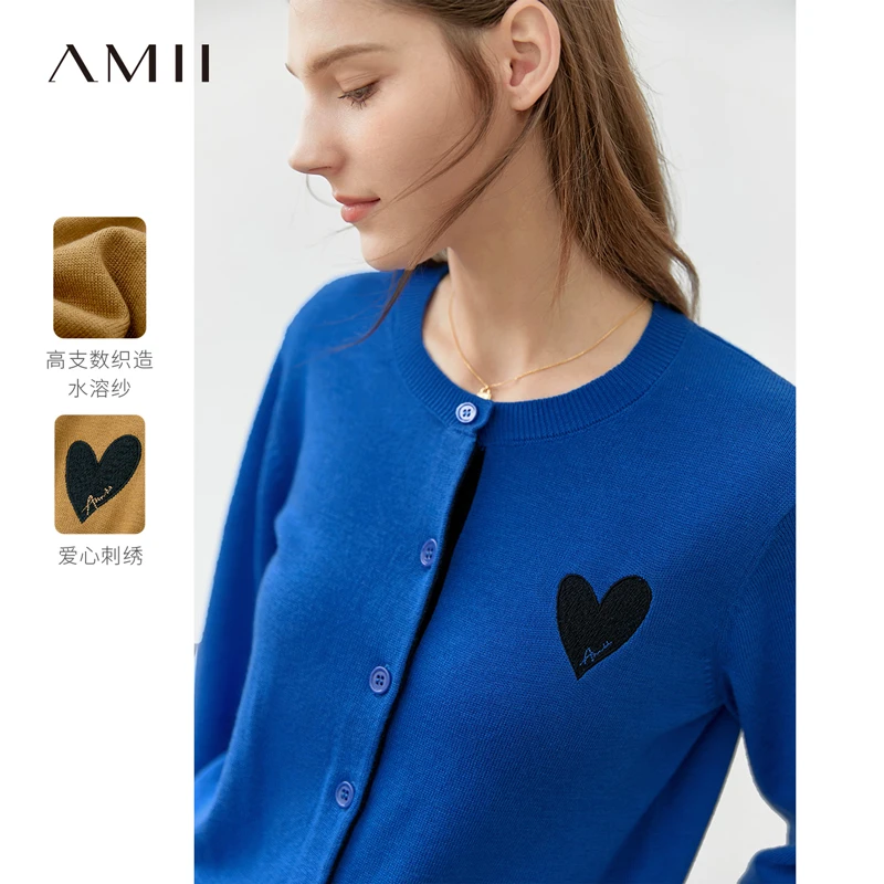 Amii圆领秋季气质撞色绣花修身软糯亲肤显瘦长袖针织衫女12240276
