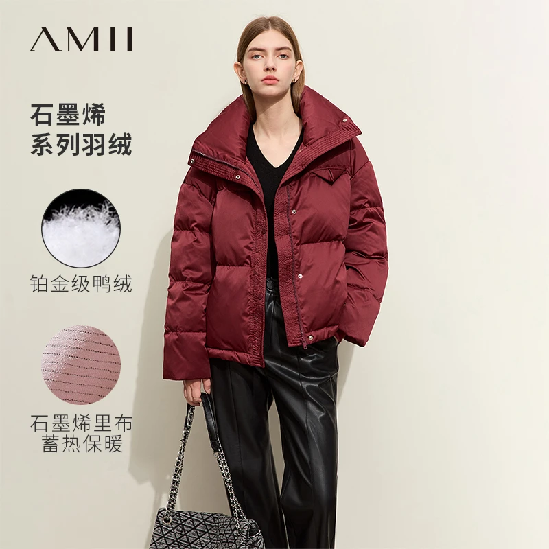 Amii新款温暖翻领落肩袖加厚鸭绒羽绒小个子外套上衣12324054