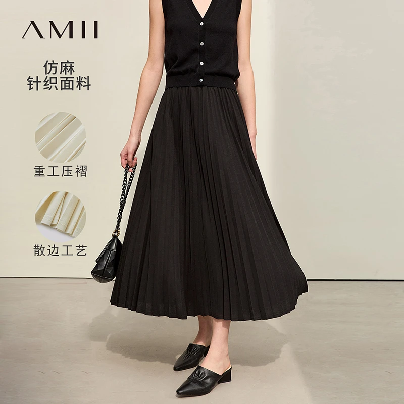 Amii百搭休闲风橡筋腰仿麻压褶百褶半身裙女12343157